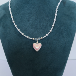 Collar Corazon - Mostacillas Vidrio y Corazon Acrilico Blanco