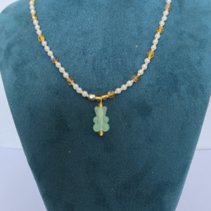 Collar Osito - Perlas con Cristales y Dije Acrilico Verde